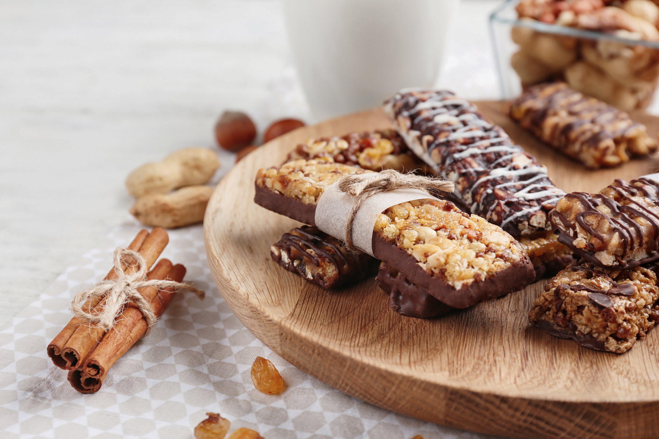Cereal Energy Bars on Wooden Board, Closeup